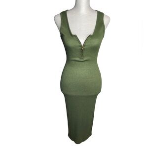 Chic Olive Green Bodycon Midi Dress with Gold Zipper
